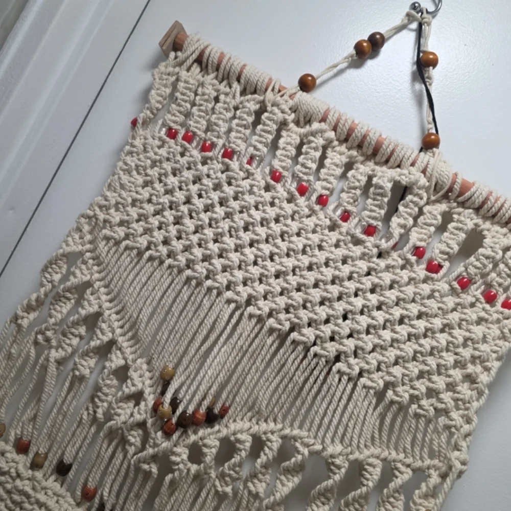 70s authentic Wood beaded knotted hand Craftwd tapestry wall hanging
